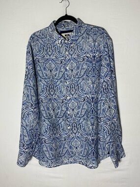 Vintage Joseph Abboud Blue White Paisley Linen Button Up Shirt XL Coastal Boho